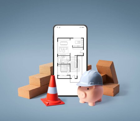 Häuserentwurf auf Smartphone-Bildschirm, Sparschwein und Ziegelsteinen: Planen Sie ein Budget für Bauprojekte und Kostensenkung
