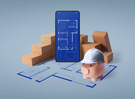 Hausplan auf Smartphone-Bildschirm, Sparschwein und Ziegelsteinen: Planen Sie ein Budget für Bauprojekte und Kostensenkung