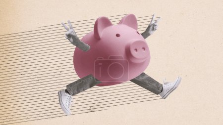 Foto de Funny happy piggy bank character with human arms and legs: investments and savings concept, vintage style collage - Imagen libre de derechos