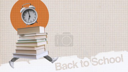 Téléchargez les photos : Affiche de collage créative de retour à l'école : pile de livres avec pattes courantes et réveil sur papier graphique - en image libre de droit