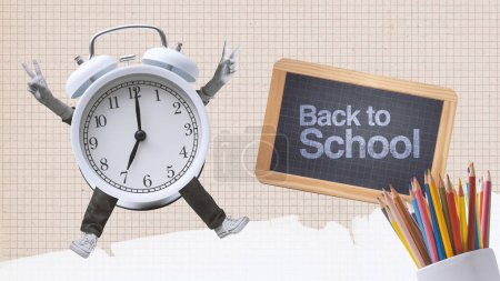 Téléchargez les photos : Retour à l'école : heureux réveil caractère saut et fournitures scolaires - en image libre de droit