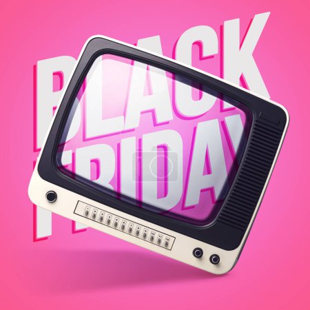 Téléchargez les photos : Publicité de vente Black Friday sur écran de télévision vintage, concept de shopping et de réductions - en image libre de droit