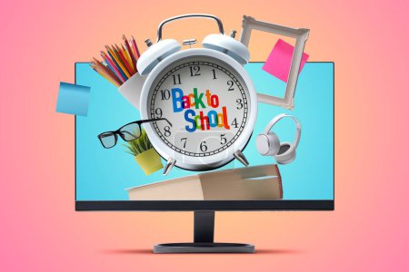 Photo for Back to school concept: school supplies and alarm clock coming out of a computer screen - Royalty Free Image