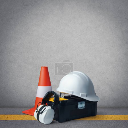Photo for Manual worker tools and work safety equipment, copy space - Royalty Free Image