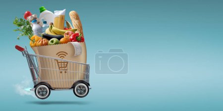 Foto de Carro de compras turbo rápido entrega de comestibles, compras en línea y concepto de entrega urgente - Imagen libre de derechos