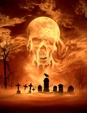Téléchargez les photos : Lune effrayante et nuages en forme de crâne humain dans le ciel au-dessus d'un vieux cimetière effrayant, concept d'horreur et d'Halloween - en image libre de droit