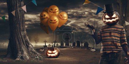 Photo for Creepy horror Halloween party at the cemetery with evil character smiling - Royalty Free Image