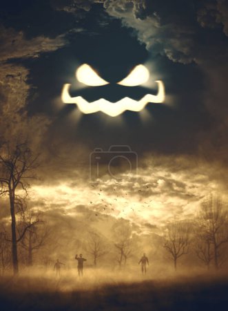 Téléchargez les photos : Fond d'affiche d'Halloween avec Jack-o '-lanterne visage dans le ciel et zombies marchant dans l'obscurité - en image libre de droit