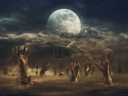 Téléchargez les photos : Des zombies effrayants surgissent de leurs tombes dans le cimetière, concept d'horreur et d'Halloween - en image libre de droit