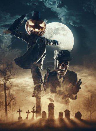 Téléchargez les photos : Horreur affiche Halloween avec des personnages effrayants et vieux cimetière effrayant - en image libre de droit