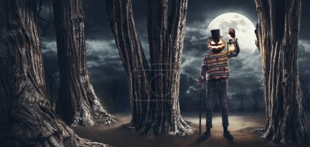 Foto de Monstruo aterrador con cabeza de calabaza sosteniendo una linterna en el bosque oscuro por la noche, Halloween y concepto de horror - Imagen libre de derechos