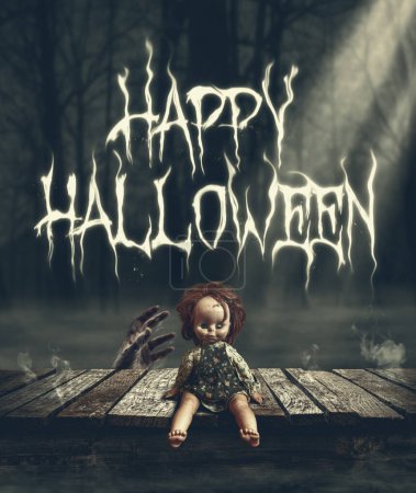 Téléchargez les photos : Joyeux voeux d'Halloween et effrayante poupée effrayante sur une terrasse en bois - en image libre de droit