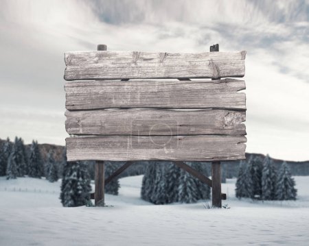 Foto de Antiguo signo de madera en blanco y paisaje invernal con nieve y árboles en el fondo - Imagen libre de derechos