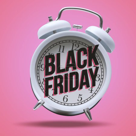 Téléchargez les photos : Publicité Black Friday avec réveil, concept shopping et réductions - en image libre de droit