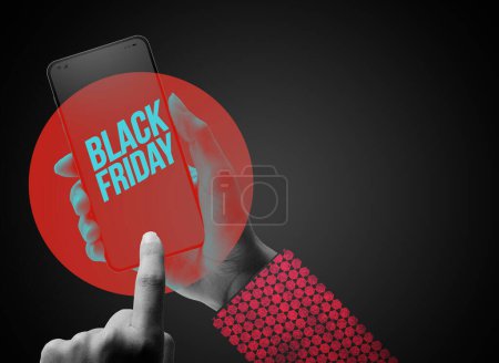 Photo for Woman holding a smartphone and Black Friday sale advertisement on the screen, copy space - Royalty Free Image