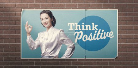 Photo for Think positive vintage inspirational advertisement with happy woman - Royalty Free Image