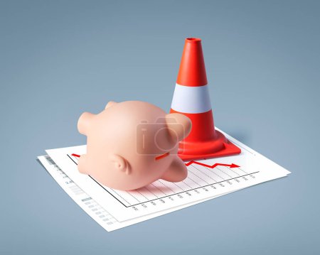 Photo for High-risk investment and financial crisis: dead piggy bank on financial chart with negative trend and traffic cone - Royalty Free Image