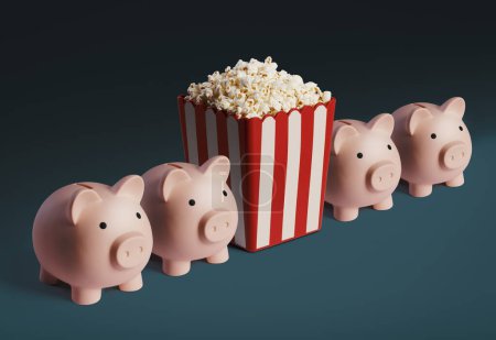 Photo for Popcorn and piggy banks: save money on entertainment concept - Royalty Free Image