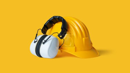 Photo for Safety helmet and ear muffs: personal protective equipment and workplace safety concept - Royalty Free Image