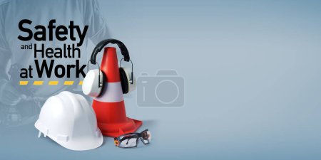 Work tools and personal protective equipment: safety and health at work, banner with copy space