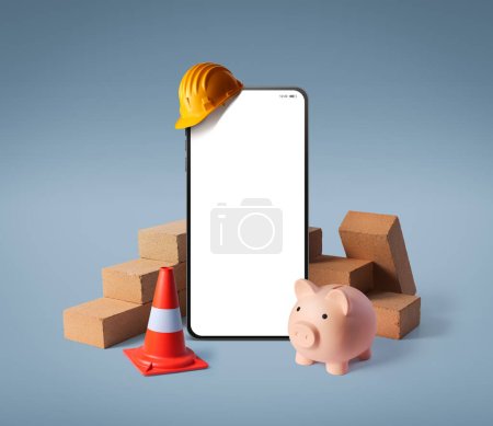Téléchargez les photos : Smartphone avec écran vierge, briques et tirelire : construction d'une maison sur une application économique - en image libre de droit