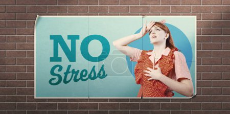 Photo for No stress inspirational vintage advertisement poster with stressed housewife - Royalty Free Image