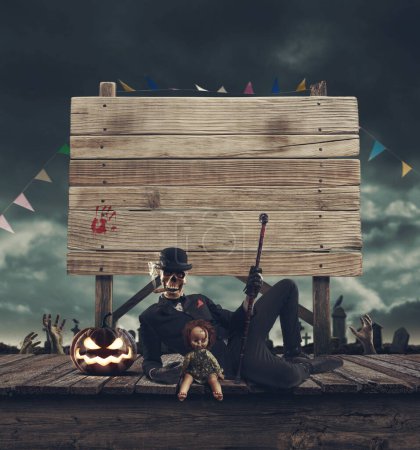 Foto de Personaje esqueleto espeluznante con traje y letrero de madera viejo con espacio de copia: Halloween y concepto de horror - Imagen libre de derechos