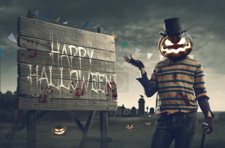Photo for Happy Halloween wishes on a wooden sign and creepy horror character with pumpkin head - Royalty Free Image