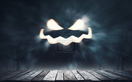 Photo for Halloween poster background with Jack-o'-lantern face in the sky and wooden dock - Royalty Free Image
