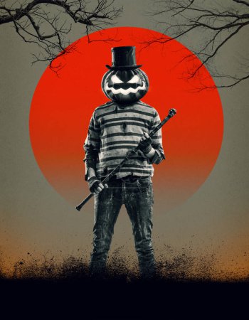 Photo for Scary horror character with pumpkin head holding a stick, Halloween poster with copy space - Royalty Free Image