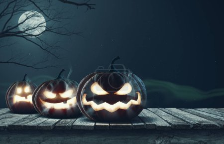 Photo for Scary Halloween pumpkins with different expressions on a wooden deck, copy space - Royalty Free Image