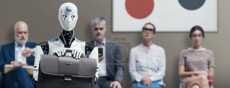 Photo for Business people and humanoid AI robot sitting and waiting for a job interview: AI vs human competition - Royalty Free Image