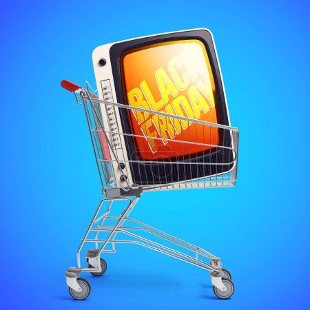 Photo for Vintage TV in a shopping cart showing Black Friday sales advertisement on the screen - Royalty Free Image