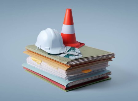 Pile of paperwork, safety equipment and work tools: construction and renovation concept