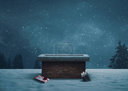 Photo for Santa was here: lost gifts next to a chimney on a roof on the show, Christmas Eve concept - Royalty Free Image
