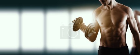 Photo for Shirtless fit muscular man holding a barbell and working out at the gym, sport and body building concept - Royalty Free Image