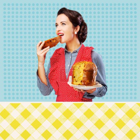 Photo for Vintage woman in apron eating a slice of panettone, traditional italian homemade pastry - Royalty Free Image