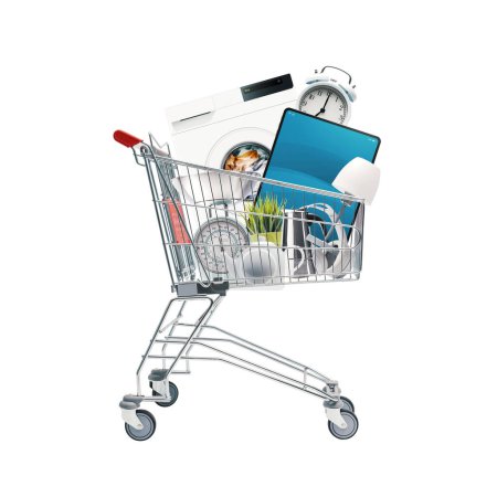Photo for Shopping cart full of household goods, appliances and electronics: sales and retail concept - Royalty Free Image