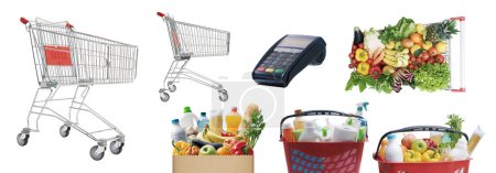 Photo for Collection of supermarket and grocery shopping items isolated: sale and retail concept - Royalty Free Image