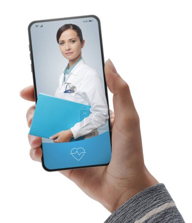 Téléchargez les photos : Service médical en ligne et télémédecine : le médecin donne des conseils sur l'écran du smartphone - en image libre de droit