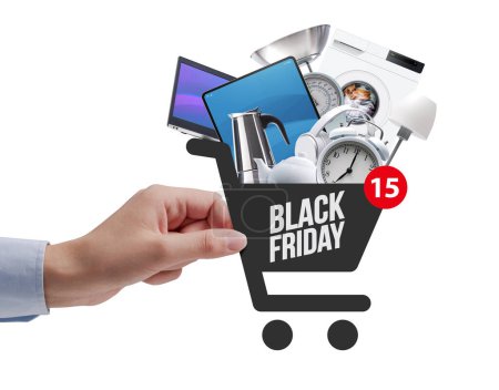 Foto de Mujer haciendo compras en línea, ella está sosteniendo un icono de carrito de compras lleno de bienes, Viernes Negro concepto de venta - Imagen libre de derechos