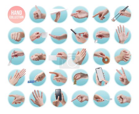Photo for Female hands in different poses and holding various objects, icon set - Royalty Free Image