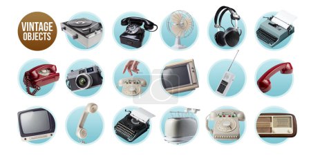 Foto de Conjunto de objetos vintage, electrodomésticos y electrónica, iconos aislados - Imagen libre de derechos