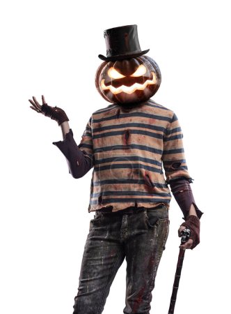 Foto de Espeluznante personaje de Halloween con la cabeza de calabaza posando y mirando a la cámara, aislado - Imagen libre de derechos