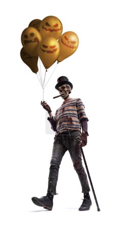 Photo for Scary zombie Halloween character walking and holding balloons, Party and horror concept - Royalty Free Image