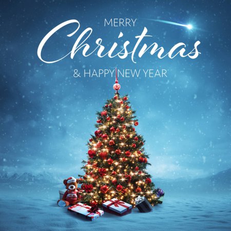 Téléchargez les photos : Carte de Noël avec arbre décoré et paysage hivernal, concept vacances - en image libre de droit