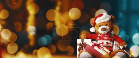 Photo for Cute teddy bear and many Christmas gifts, bokeh lights in the background, banner with copy space - Royalty Free Image