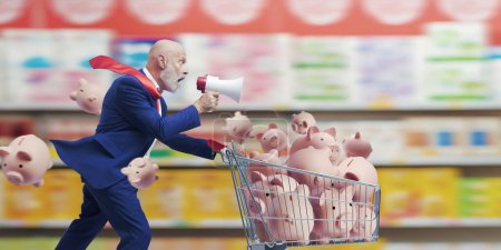 Photo for Fast businessman shouting into a megaphone and pushing a shopping cart full of piggy banks - Royalty Free Image