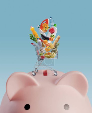 Photo for Shopping cart filled with groceries on a piggy bank, budgeting and offers concept - Royalty Free Image