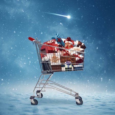 Foto de Carrito de compras lleno de regalos de Navidad y paisaje invernal, compras de Navidad y concepto de ventas - Imagen libre de derechos